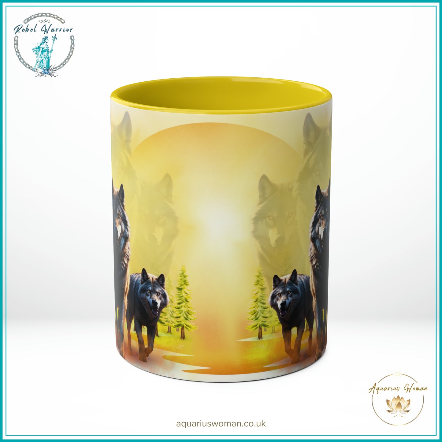 Aquarius Woman Rebel Warrior Collection Mug - Wolves at Dawn - Dawn Guardians - Yellow- Center