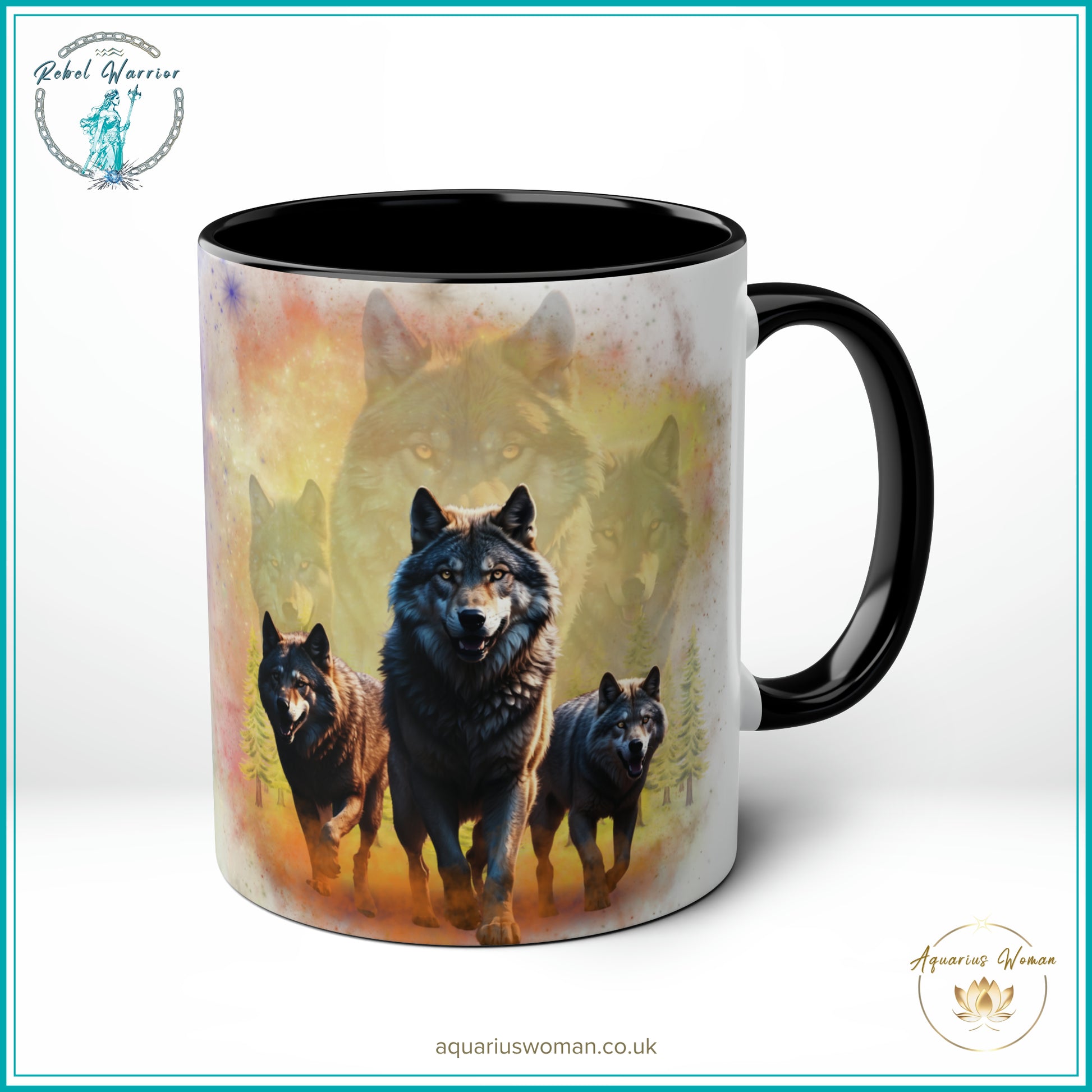 Aquarius Woman Dual Design Mug - The Wolf pack Night Watchers & Dawn Guardians - Black - Left