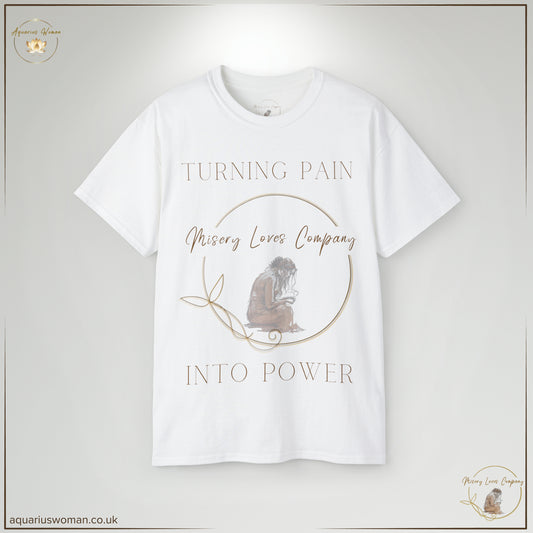 Misery Loves Company: Transforming Pain into Power" Tee from Aquarius Woman - Model wearing Wjite