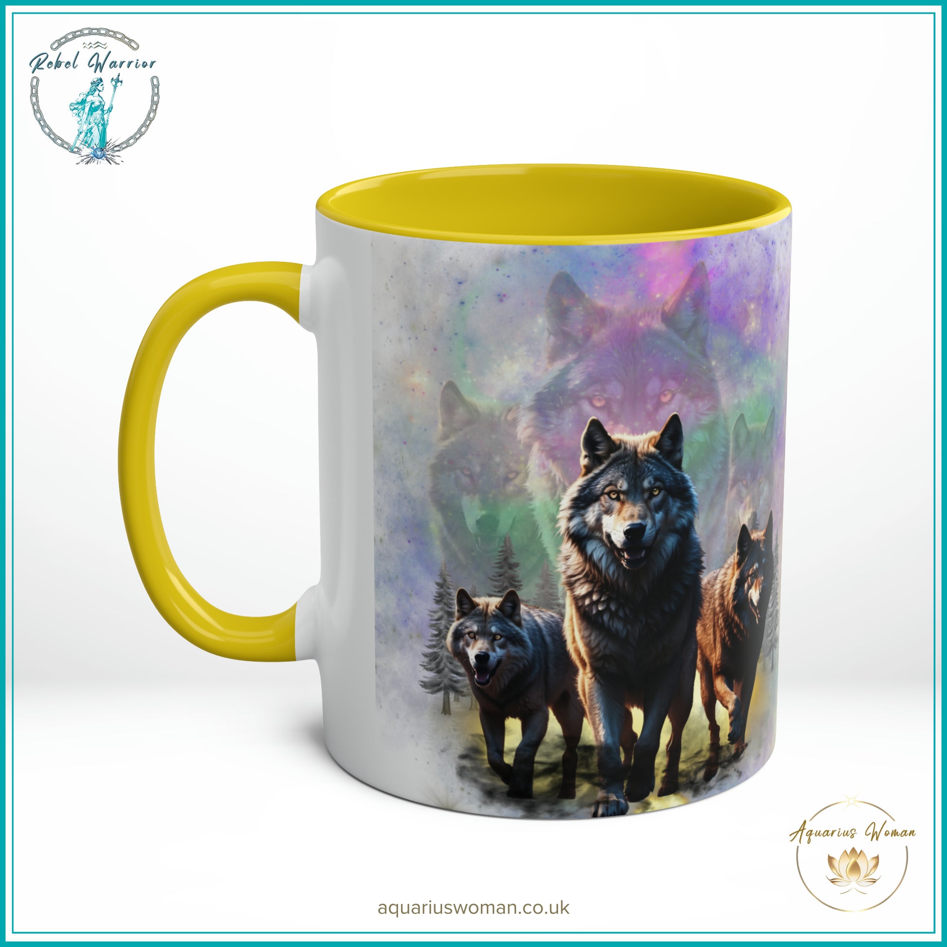 Aquarius Woman Dual Design Mug - The Wolf pack Night Watchers & Dawn Guardians - Yellow- Right