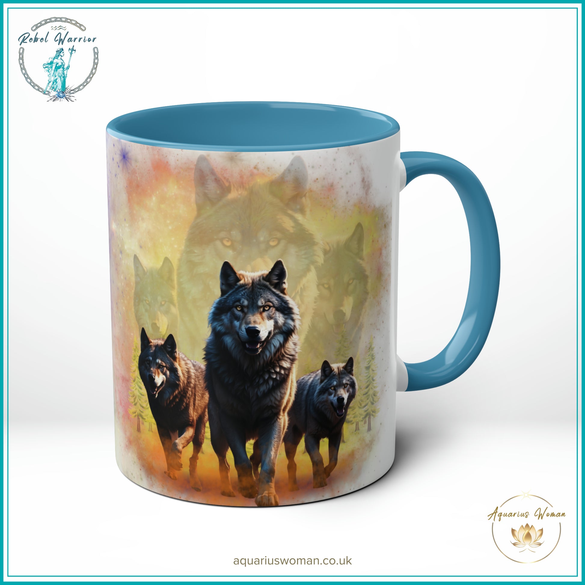 Aquarius Woman Dual Design Mug - The Wolf pack Night Watchers & Dawn Guardians - Light Blue - Left