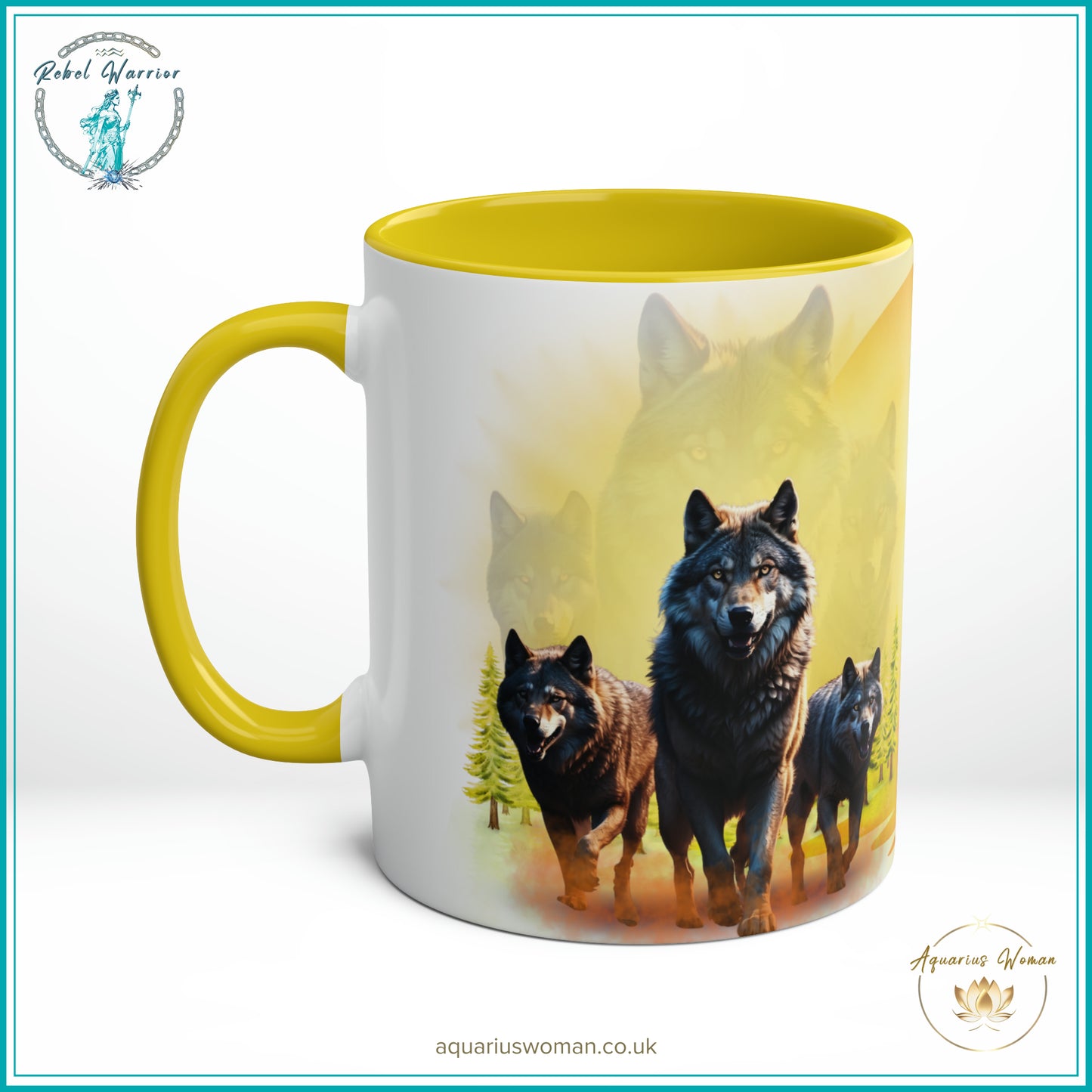 Aquarius Woman Rebel Warrior Collection Mug - Wolves at Dawn - Dawn Guardians - Yellow- Right