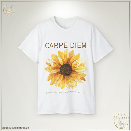 Aquarius Woman's CARPE DIEM Sunflower Tee from the Elegance Collection