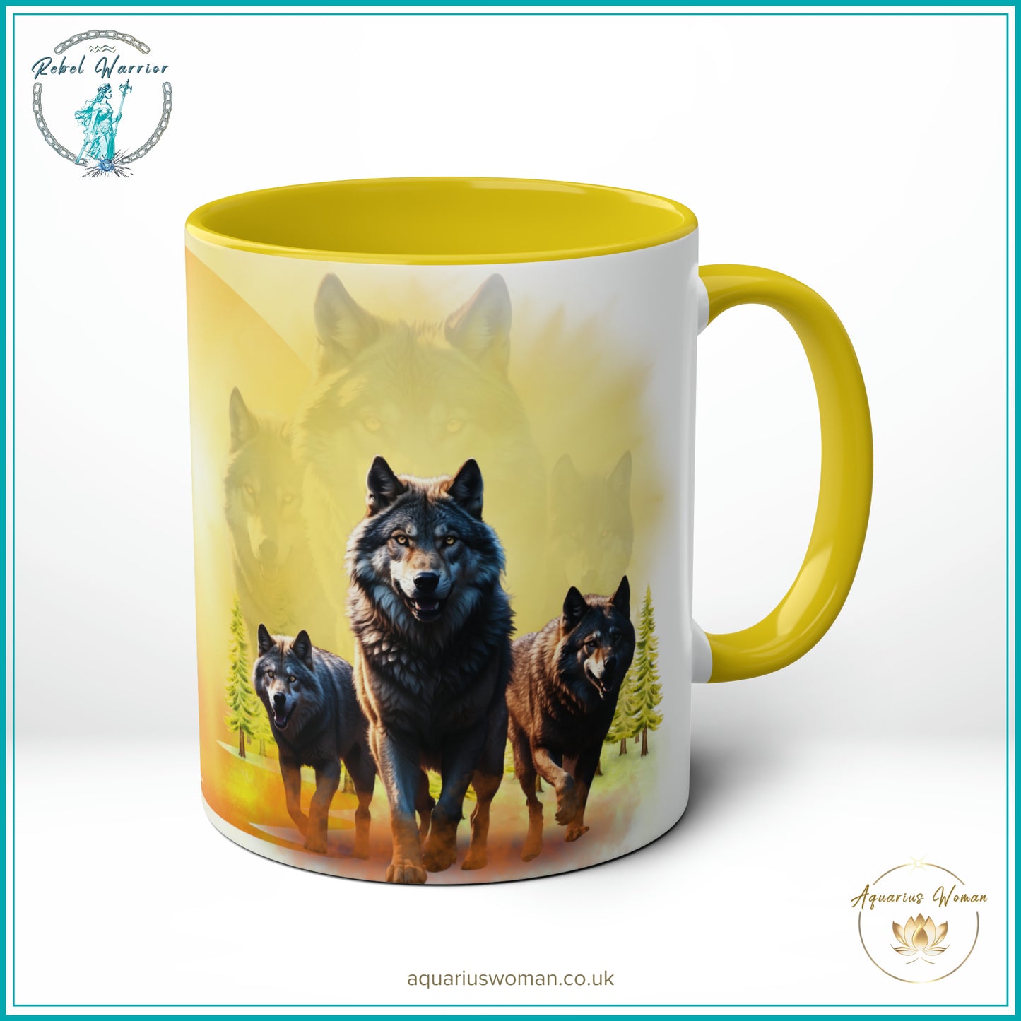 Aquarius Woman Rebel Warrior Collection Mug - Wolves at Dawn - Dawn Guardians - Yellow- Left