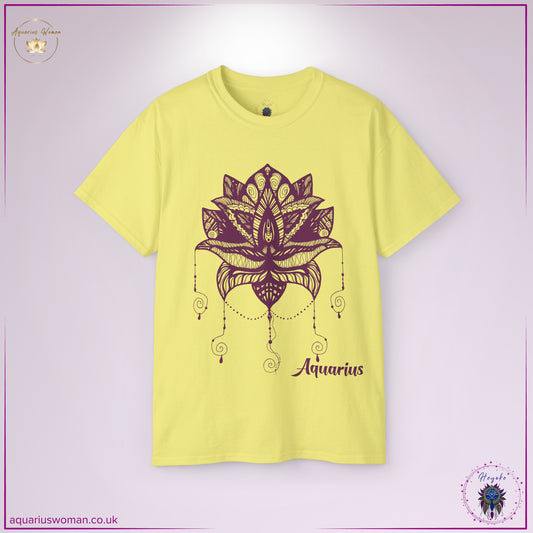 Aquarius Woman Heyoke Collection T-Shirt - Elegant and Mystical - with an esoteric design of a Lotus Flower and Dream-catcher, Colour: yellow