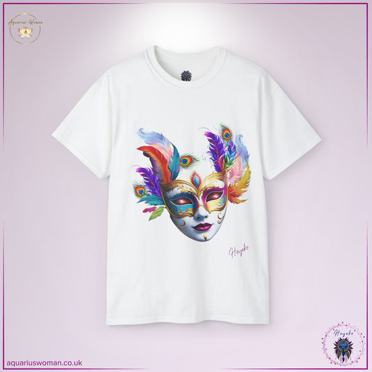 Aquarius Woman's Heyoke Collection: "Cosmic Masquerade" Tee Shirt - White