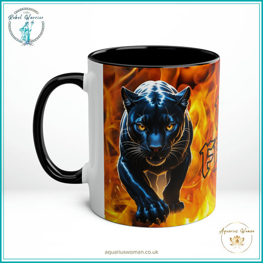 Aquarius Woman's Rebel Warrior - No Fear Black Panther Mug: Walk Through Flames - Right