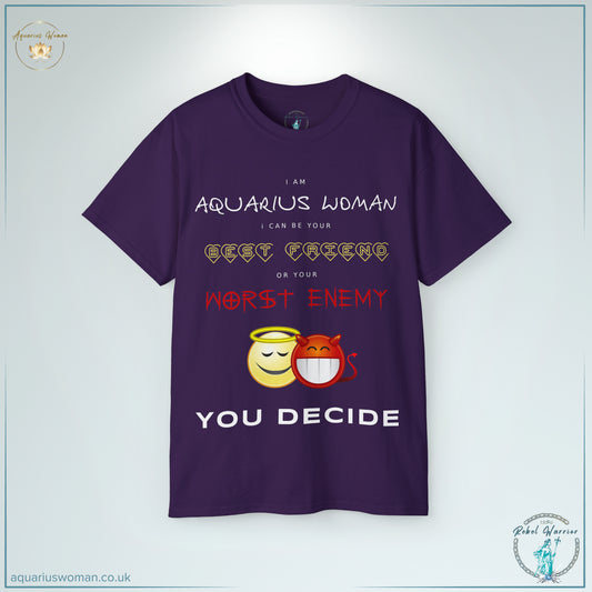 The Aquarius ‘Best Friend or Worst Enemy’ Tee in Purple is a bold statement of Aquarius duality. Featuring playful angel and devil emoji faces, this design embodies wit, sarcasm, and the unapologetic Aquarius spirit.