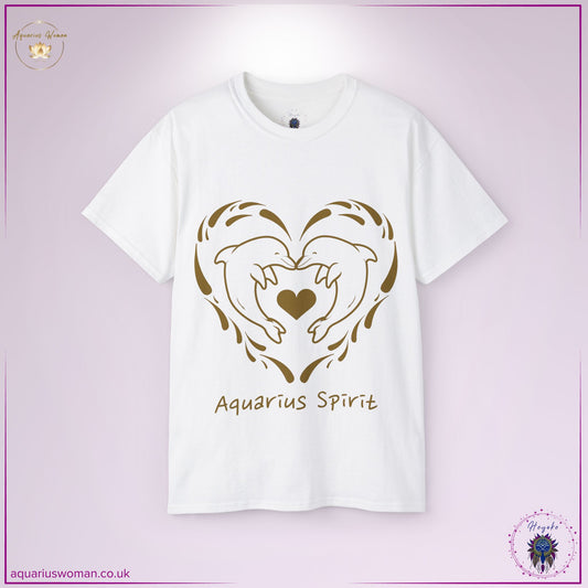 The Aquarius Spirit Dolphin Tee in white captures the essence of love, intuition, and free-spirited wisdom. Featuring two dolphins forming a heart within a flowing water embrace, this design symbolises Aquarius’ deep intellect, emotional depth, and boundless connection to the universe.