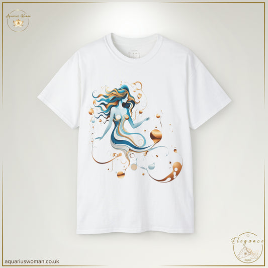 The Aquarius Water Bearer Tee in White showcases a flowing, abstract depiction of the celestial water bearer, symbolising fluidity, creativity, and cosmic energy. The ethereal design blends teal and gold hues, celebrating the free-spirited and visionary nature of Aquarius.