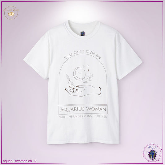 The Aquarius Woman Universe Tee in White captures celestial elegance with a minimalist line-art design of an open hand holding the moon and stars. Featuring the empowering phrase 'You Can’t Stop an Aquarius Woman with the Universe Inside of Her,' this cosmic-inspired shirt symbolises intuition, transformation, and limitless potential.