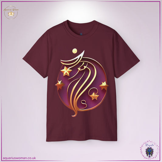 The Aquarius Woman Zodiac Tee in Maroon embodies strength, independence, and cosmic wisdom. Featuring an abstract golden Aquarius symbol with celestial stars, this design represents intellectual depth, visionary energy, and the unbound spirit of Aquarius.