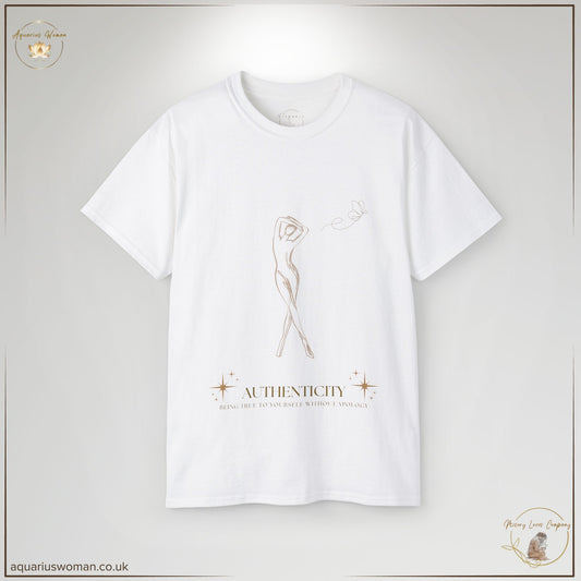 The 'Authenticity – Embrace Your Naked Truth' Tee in White from the Misery Loves Company Collection symbolises self-acceptance, empowerment, and vulnerability. Featuring a minimalist line art sketch of a woman alongside the phrase ‘Authenticity – Be True to Yourself Without Apology,’ this design celebrates freedom from fear and societal expectations. A timeless statement of self-liberation and inner strength.