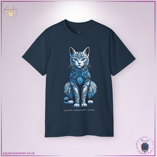 The Blue Cat Spirit Animal Tee in Blue Dusk showcases a regal blue cat with celestial and sacred geometric details. Symbolising mystery, agility, and transformation, this design invites wearers to embrace their spiritual evolution and intuition.