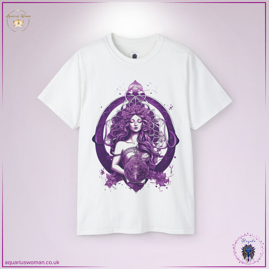 The Celestial Amethyst Tee in White features a serene, mystical woman surrounded by the Flower of Life, symbolising intuition, transformation, and sacred wisdom. The rich amethyst hues enhance its spiritual connection, making it a powerful statement of inner growth and higher consciousness.