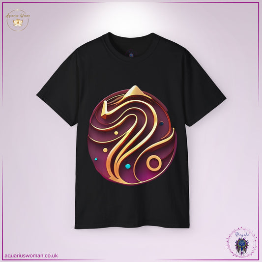 The Celestial Flow Zodiac Tee in Black embodies cosmic intelligence and Aquarius energy. The fluid golden design, celestial spheres, and pyramid symbolism reflect higher consciousness, individuality, and spiritual evolution.