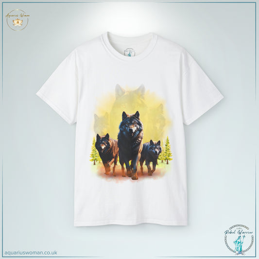 The Dawn Guardians Tee in White features a striking wolf pack design, symbolising unity, ancestral guidance, and resilience. With a glowing dawn background and faded ancestral wolves, this design is a powerful tribute to strength, leadership, and the unbreakable warrior spirit.