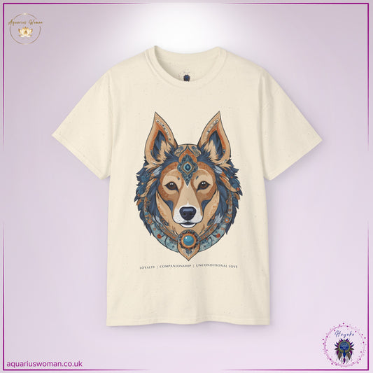 Dog Spirit Animal Tee in Natural from the Heyoke Collection – Features an intricately detailed dog design adorned with earthy and celestial patterns. Symbolises loyalty, companionship, and unconditional love, making it a meaningful statement of trust and connection.