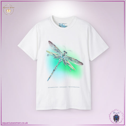 Dragonfly Spirit Animal Tee in white from the Heyoke Collection. A luminous dragonfly with intricate wing patterns glows in ethereal green and blue hues, symbolising transformation, adaptability, and self-evolution. The design represents fluidity, resilience, and embracing change with grace.