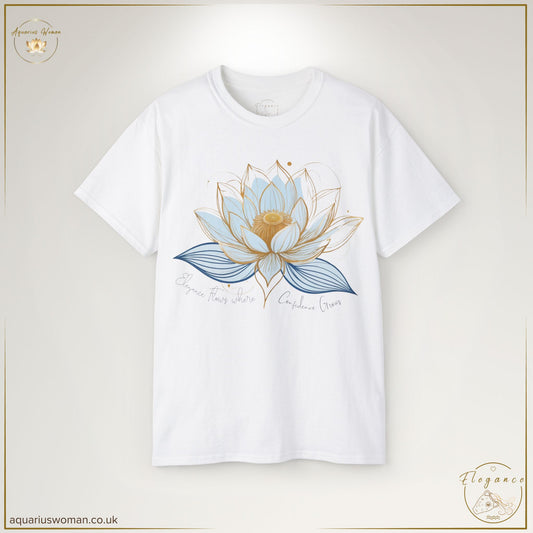 "Elegance in Bloom - Confidence Lotus Tee" from the Elegance Collection by Aquarius Woman. Features a stunning blue and gold lotus surrounded by delicate swirling lines, symbolising growth, confidence, and grace. Paired with the mantra "Elegance flows where Confidence grows," this design embodies empowerment and transformation.