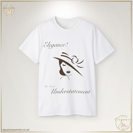 The Elegance - The Art of Understatement Tee in White is a tribute to timeless sophistication. Featuring a minimalist line-drawn woman in a wide-brimmed hat with flowing typography, this design embodies quiet confidence and refined style.