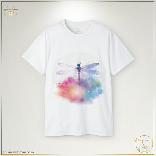 The Ethereal Dragonfly Cosmic Cloud Burst Tee in White features a beautifully illustrated dragonfly with delicate, iridescent wings, symbolising transformation, freedom, and cosmic energy. A vibrant burst of celestial hues adds a dreamy, otherworldly touch, making this a stunning wearable statement from the Elegance Collection by Aquarius Woman.