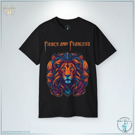 The 'Fierce and Fearless' T-Shirt in black from the Rebel Warrior Collection features a striking lion design in bold blues, fiery oranges, and golds, symbolising strength, courage, and leadership. Gothic-style typography declares 'Fierce and Fearless', making this an unapologetic statement piece for rebels and warriors who refuse to be tamed.