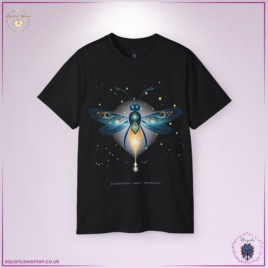 Firefly Spirit Animal Tee in black from the Heyoke Collection. A celestial firefly radiates golden and blue hues, symbolising illumination, inspiration, and hope. This mystical design represents guidance, wisdom, and embracing your inner light in the darkness.