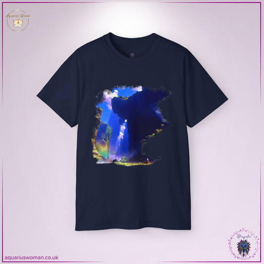 "Gaia" Tee in navy from the Heyoka Collection. A striking design featuring a natural sanctuary with towering rock formations, a cascading waterfall, and a shimmering rainbow, symbolising balance, connection, and harmony with nature. A wearable reflection of our unbreakable bond with Gaia.