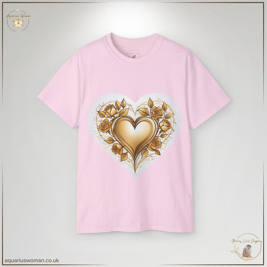 The Golden Heart & Thorned Roses Tee in Light Pink blends softness with strength. The radiant gold heart encased in thorned roses is a powerful symbol of healing, self-worth, and setting boundaries against adversity.