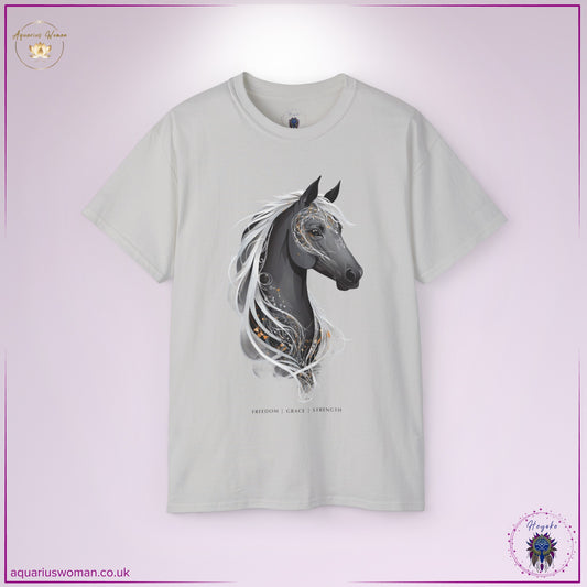 This Ice Grey t-shirt features a stunning celestial grey horse design, symbolising freedom, grace, and strength. The intricate swirls and cosmic accents highlight its spiritual essence, embodying resilience, intuition, and untamed beauty.