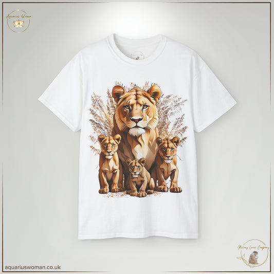 The Guardian of Love Tee in White showcases a majestic lioness and her cubs, representing fierce love and unwavering guardianship. The crisp white fabric highlights the intricate details of the design, symbolising purity, leadership, and the nurturing spirit of motherhood.