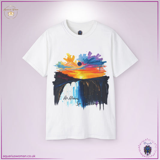 Hermetic Vibrance T-Shirt – As Above, So Below design featuring a vibrant sunset reflection symbolising mystical balance and universal truth.