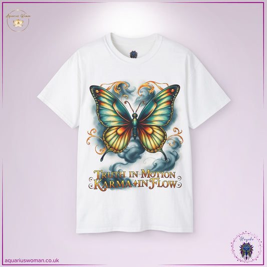 Heyoka Butterfly T-Shirt – Truth in Motion, Karma in Flow, featuring a mystical butterfly with swirling cosmic energy, symbolising transformation and karmic flow.