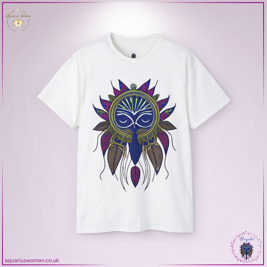 The Heyoke Dreamcatcher T-Shirt in white symbolises spiritual vision, protection, and ancestral wisdom. Featuring a striking dreamcatcher design with watchful eyes and intricate feather details, this tee embodies the mystical wisdom of the Heyoka empath, guiding seekers toward truth and intuition.