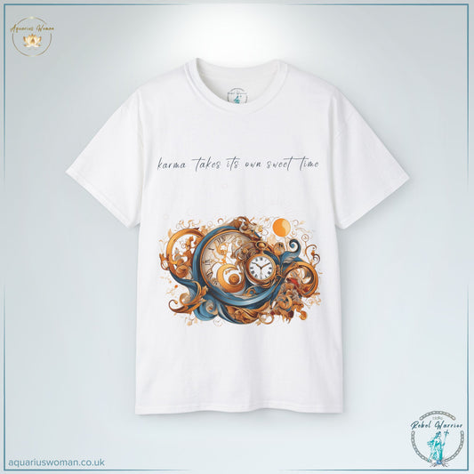 The 'Karma’s Timeless Dance' Tee in White from the Rebel Warrior Collection embodies the cosmic flow of fate, balance, and transformation. Featuring an intricate celestial design of the sun, moon, and swirling elements of time, this tee serves as a reminder that karma unfolds in divine timing. Perfect for spiritual seekers, intuitive souls, and those who trust the universe’s rhythm.