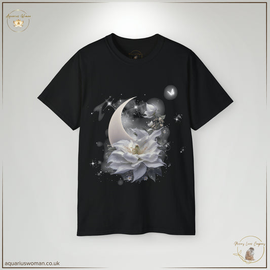 The Moonflower Elegance Tee in Black embodies resilience and transformation. The deep black fabric enhances the contrast of the moonflower’s luminous petals, symbolising inner strength and the power to thrive even in life’s darkest moments. A celestial tribute to unseen growth and quiet survival.