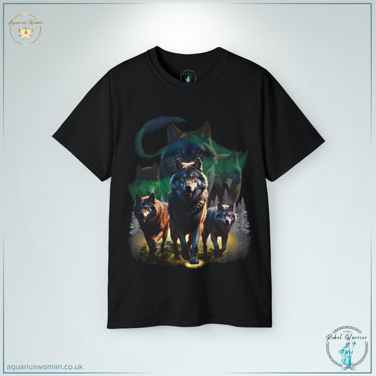 The Night Watchers Tee in Black showcases a powerful wolf pack beneath the northern lights, symbolising guidance, unity, and ancestral protection. With deep blues and greens illuminating the design, this tee represents strength, resilience, and the mystical connection between past and present. A bold statement piece for warriors, leaders, and those who walk fearlessly into the unknown.