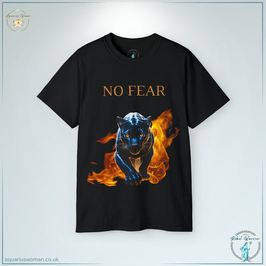 The No Fear Panther Tee in Black showcases a powerful black panther emerging from flames, symbolising resilience, strength, and fearless determination. Featuring bold 'No Fear' typography, this design represents unshakable confidence and the warrior’s unstoppable spirit. A striking statement piece for rebels, leaders, and those who face every challenge head-on.