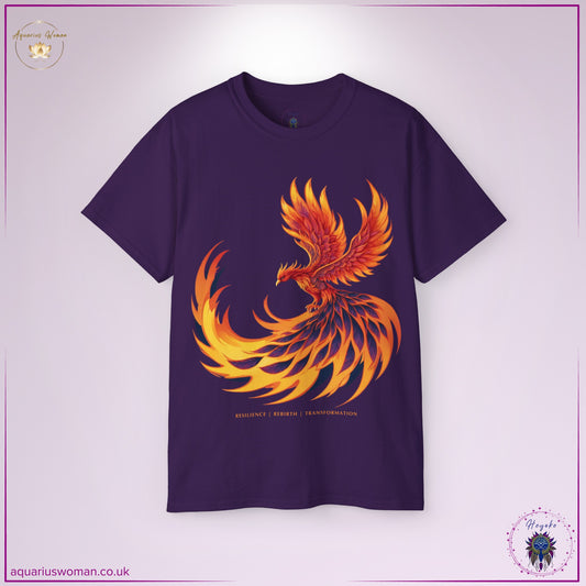 The Phoenix Spirit Animal Tee in Purple showcases a fiery phoenix rising in a blaze of orange and violet flames. Symbolising resilience, rebirth, and transformation, this design embodies personal evolution and spiritual awakening.