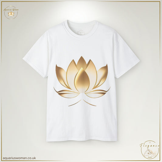 The Resilience in Bloom Tee in White features the Aquarius Woman gold lotus emblem, symbolising transformation and growth. A statement of strength, this elegant design reflects the beauty of resilience.