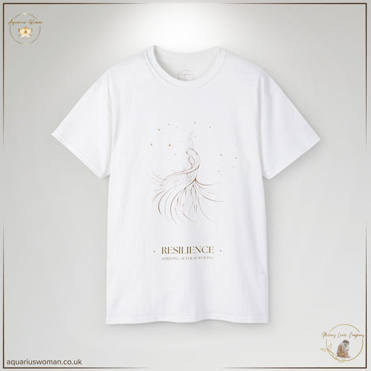 The 'Resilience – Thriving After Surviving' Tee in White from the Misery Loves Company Collection symbolises renewal, healing, and personal transformation. Featuring a minimalist sketch of a woman in graceful motion, accented with golden details, this design embodies rising beyond adversity with strength and dignity. A powerful reminder that resilience is about more than survival—it's about thriving.