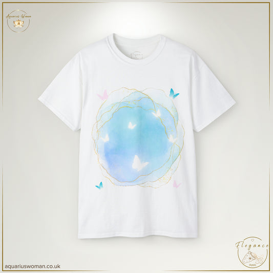 The Simple Elegance - Geode Magic Tee in White features a serene watercolour turquoise geode surrounded by delicate pastel butterflies. Accentuated with soft gold details, this ethereal design symbolises balance, transformation, and natural beauty.