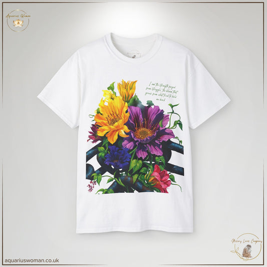 "Strength Forged Bloom Tee" from the Misery Loves Company Collection by Aquarius Woman. Features vibrant flowers breaking through rusted chains, symbolising resilience, transformation, and triumph over adversity. Includes an empowering affirmation of strength and renewal.