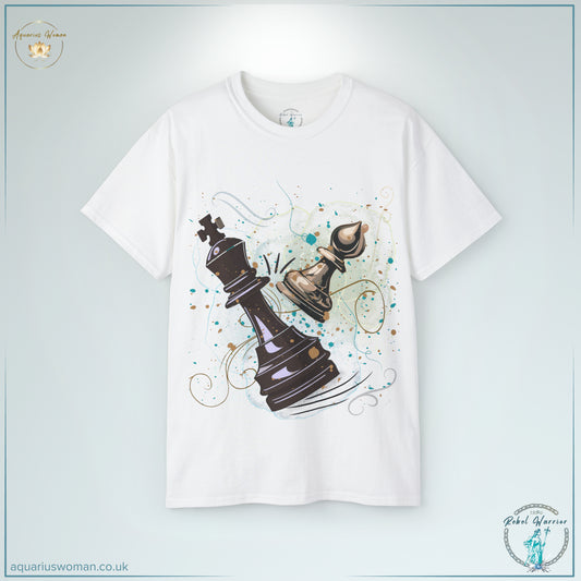 The Mighty Pawn Rebellion Tee from the Rebel Warrior Collection features a bold chess-inspired design where a pawn topples the king, symbolising strategy, resilience, and victory. Splashes of copper and blue ink enhance the dynamic energy, making it a statement piece for underdogs, strategists, and fearless warriors.