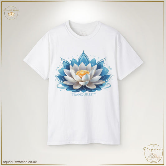 The Tranquillity Lotus Tee in White from the Elegance Collection features a serene white lotus with a soft blue water splash, symbolising inner peace, renewal, and self-love. A timeless design for those embracing mindfulness and harmony