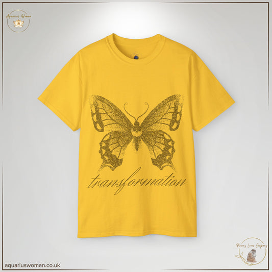 The Transformation Butterfly Tee in Daisy Yellow radiates warmth and optimism. Its golden butterfly design and ‘transformation’ script embody the journey of healing and stepping into your power.