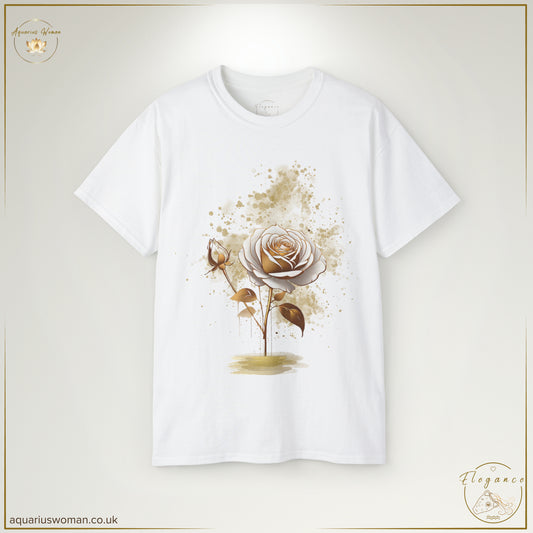 The White & Gold Rose Tee in White embodies timeless elegance, featuring a delicate white rose accented with opulent gold details. A soft gold ink splatter adds an artistic edge, symbolising purity, sophistication, and effortless beauty. A signature piece from the Elegance Collection by Aquarius Woman, designed for those who embrace grace with a luxurious touch.